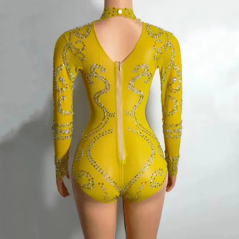 Roupa cantora manga longa malha transparente bodysuit sexy traje de dança boate strass collants feminino collant palco wear