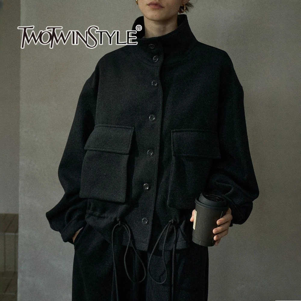 

TWOTWINSTYLE Solid Loose Spliced Pockets Wool Coats for Women Lapel Long Sleeves Patchwork Lace Up Casual Coat Female Clothing