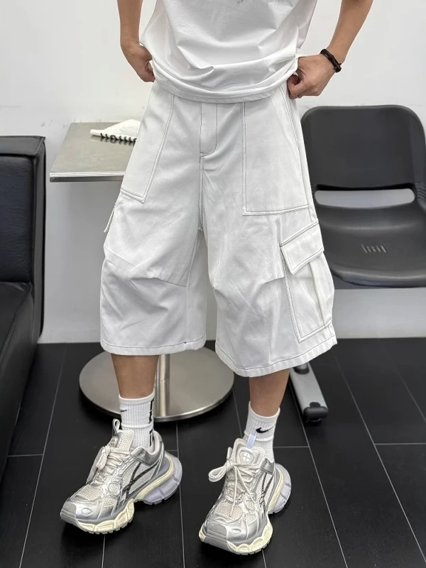 

Retro American Waed Cotton Workwear orts Men's Loose Wide Leg Seven-Foot Pants ex Youthful Energy Summer Casual