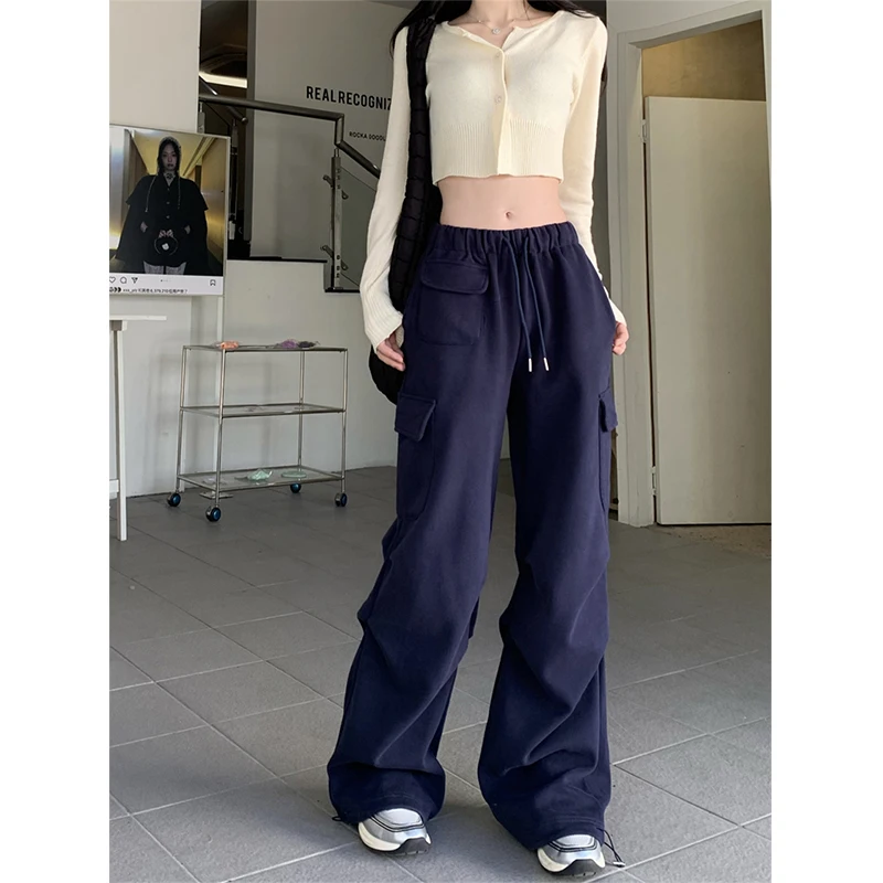 

MEXZT Y2K Fleece Cargo Pants Women Streetwear Pockets Sweatpants High Waist Wide Leg Joggers Autumn Winter Baggy Sports Trousers