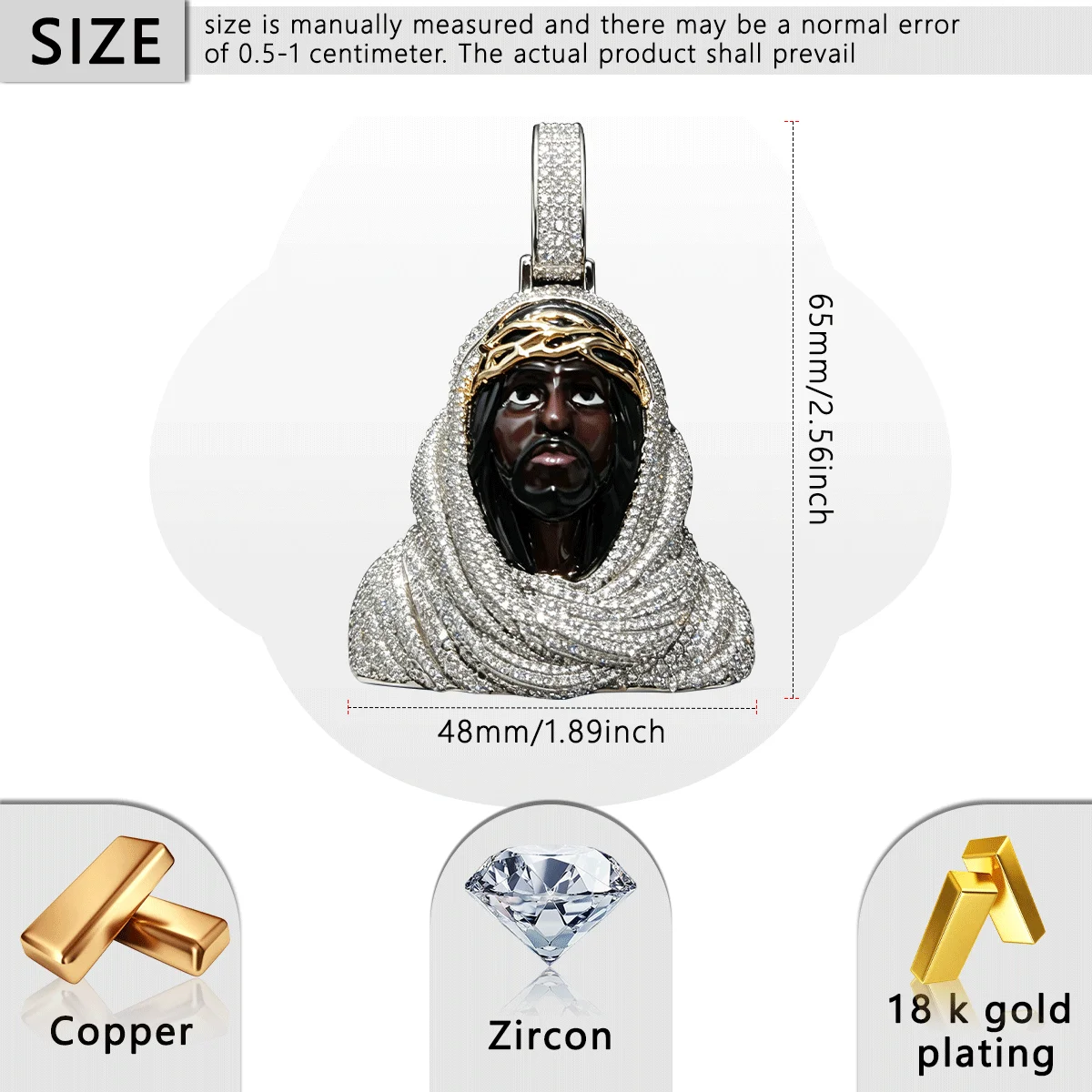 Iced Out Black Jesus Pendant 18K Gold Plated Cubic Zirconia Enamel Christ Charm Micro Paved Zircon Thorn Crown Necklace Hip Hop Religious Bling Jewelry Wrapped Robe Design Shiny Zircon Stones Street Rap Accessory Fine Jewelry Gifts for Men Boy Friends