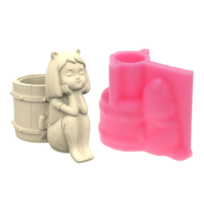 Girl and Barrel Gypsum Flower Pot Silicone Mold Epoxy Resin Casting Mold Succulent Vase Cement Mold Pen Holder Mold