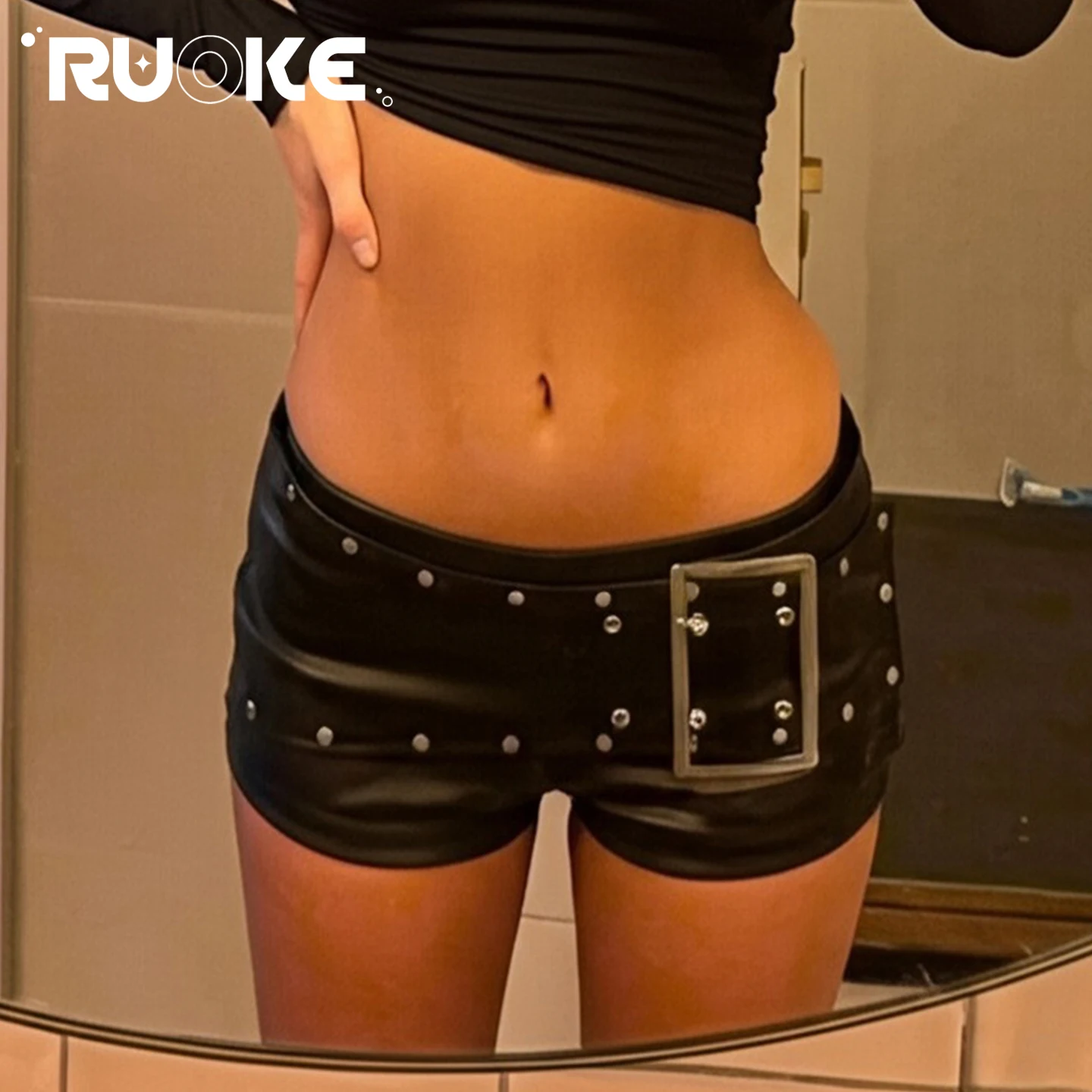 

[RUOKE] Sexy PU Leather Mini Shorts Women Low Waist Streetwear Y2K Club Hot Pants Night Out Date Music Festival Spring Summer