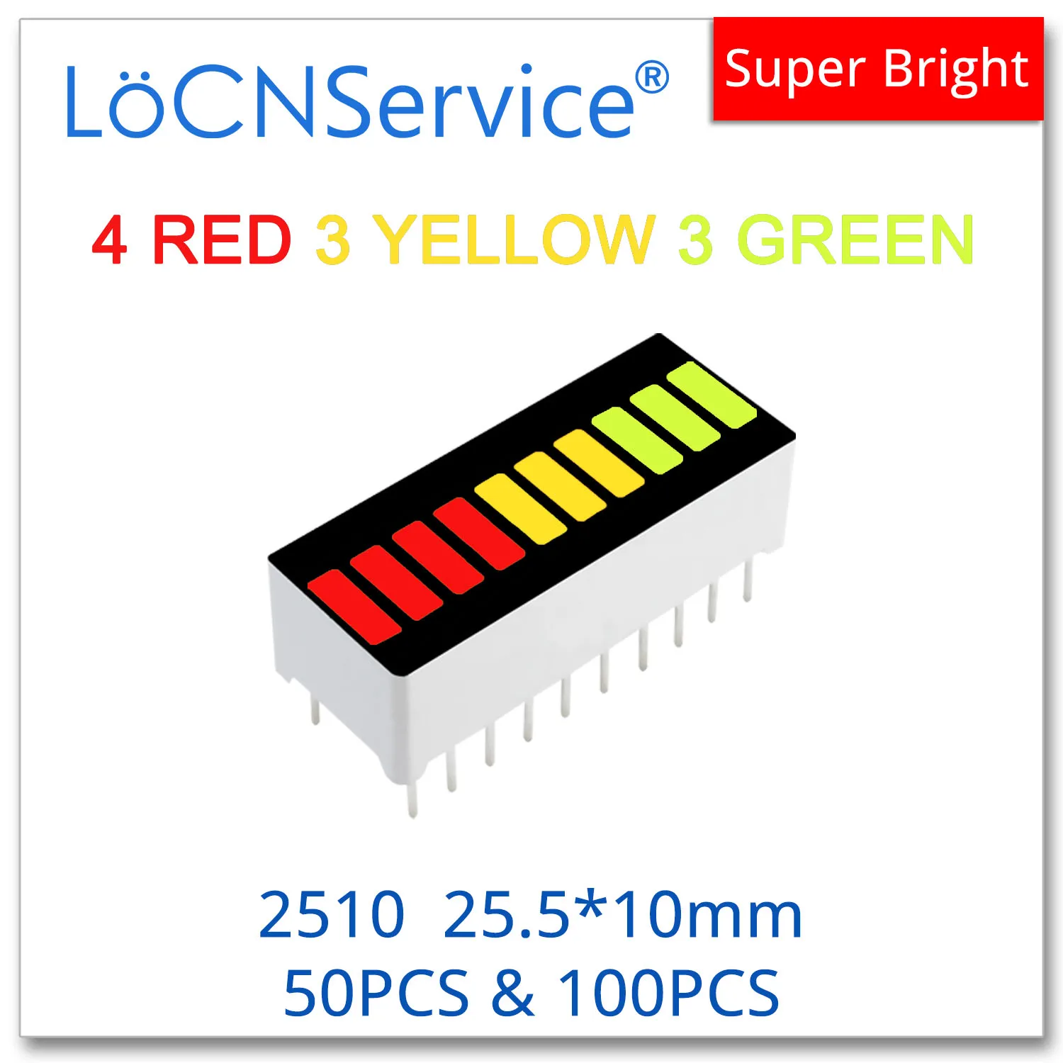 LoCNService LED Bar graph display Light 10-segment 2510 4 RED 3 YELLOW 3 GREEN 50pcs 100pcs Bargraph multi color 3 color module