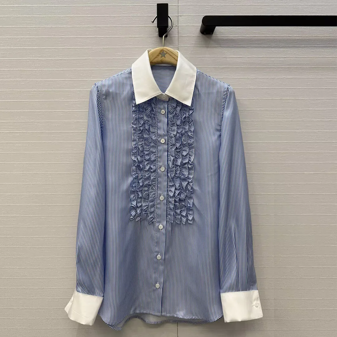 

2026 New Fashion Blue Vertical Stripes 100% Silk Shirt Women Patchwork Edible Tree Fungus Lapel Long Sleeve Casual Blouse Tops