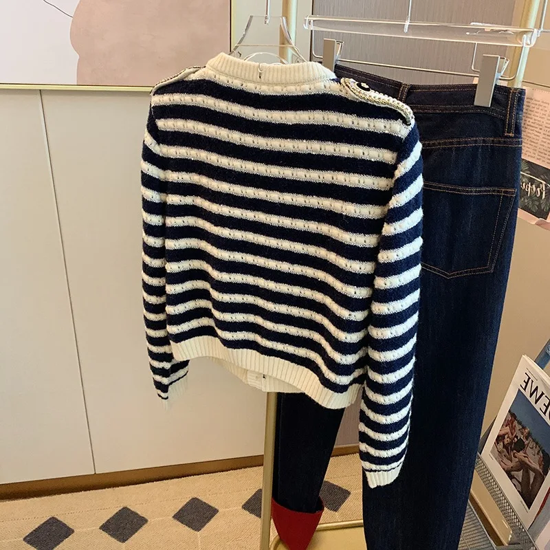 Vintage Stripe sweter dziergany sweter kobiet 2023 jesień nowy luźny O-Neck jednorzędowy przycięte Top damski