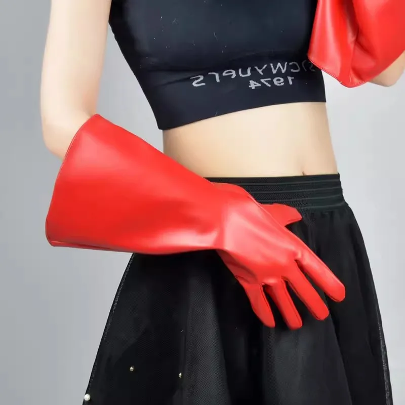 

Women's Runway Fashion Red PU Leather Wide Sleeve Long Glove Lady's Club Performance Formal Party Dancing Glove 38cm R1243