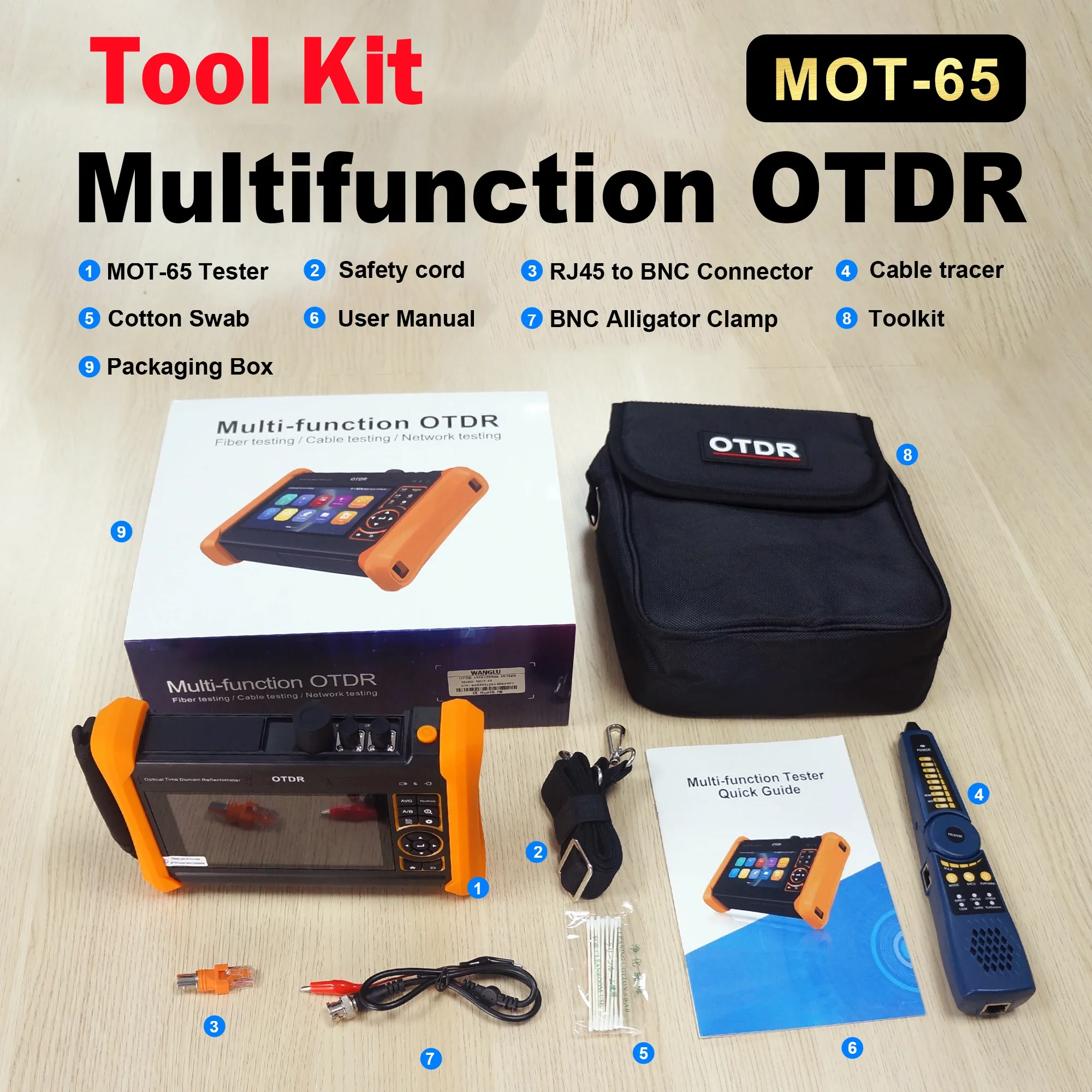 Tahlitech MOT-65 Multi-Function OTDR Tester 5.4'' OTDR Fiber Optic Cable Tester VFL OPM OLS Dual Wavelength OTDR Fiber Tester