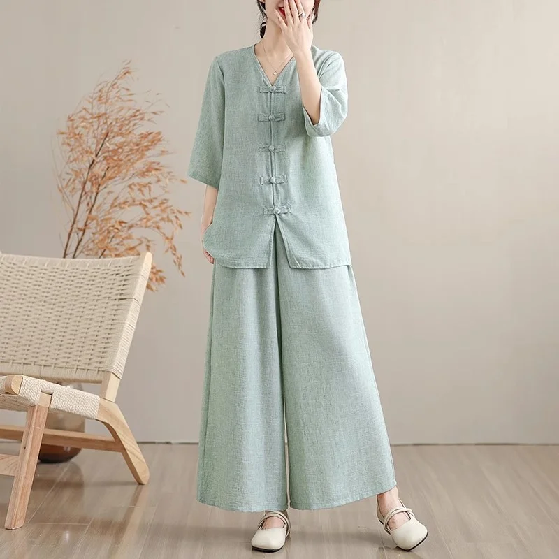 Moda algodão e cânhamo yoga conjunto de roupas 2025 outono novo chá roupas topo linho calças perna larga duas peças roupa para mulher w1214