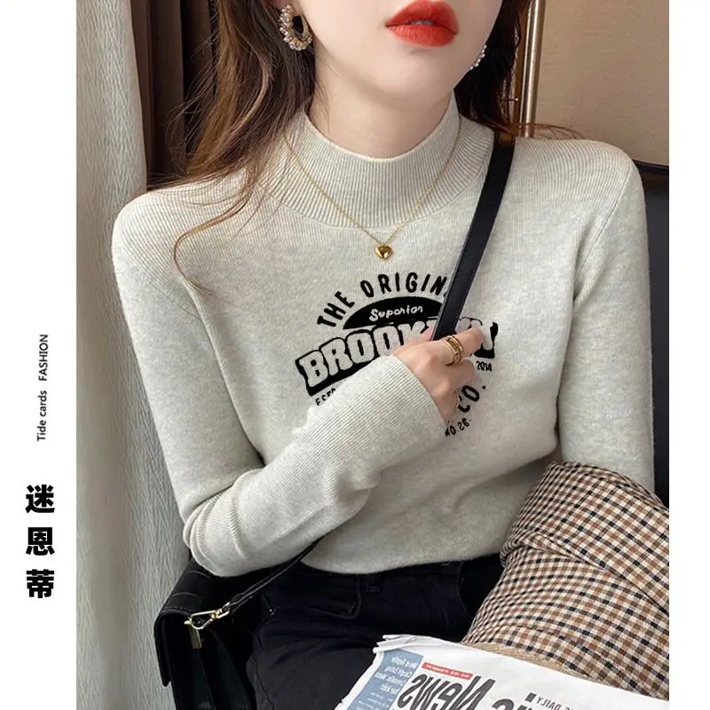 Women\'s 2024 New Autumn Winter Spliced Sweater Half High Collar Printed Letter Fashion Minimalist Casual Long Sleeve Knitted Top