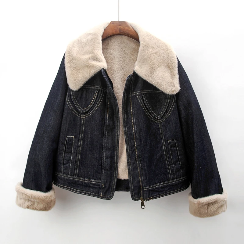 Faux Mink Cashmere Big Turndown Collar Denim Jacket Women Cowboy Outerwear Winter Thick Vintage Loose Short Jeans Jacket Female