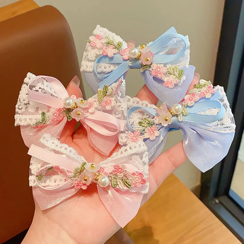 2 Teile/satz Nette Blume Stickerei Bogen Haar Clips für Baby Mädchen Süße Bowknot Ente Zunge Clips Kinder Barrettes Fee Kopfschmuck