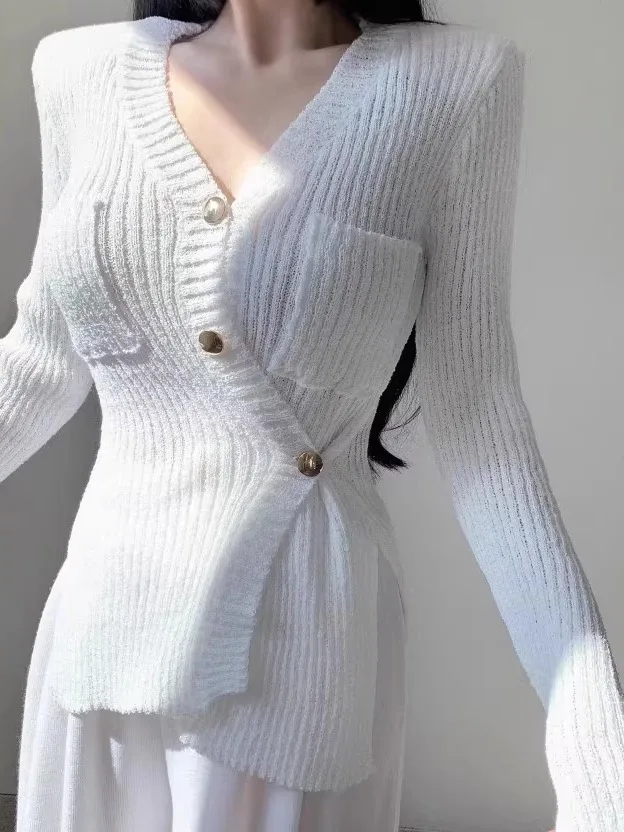 Cardigan aperto lavorato a maglia V-Ne sexy slim fit da donna Maglione con bottone singolo Capispalla lungo Sve Abbigliamento autunnale