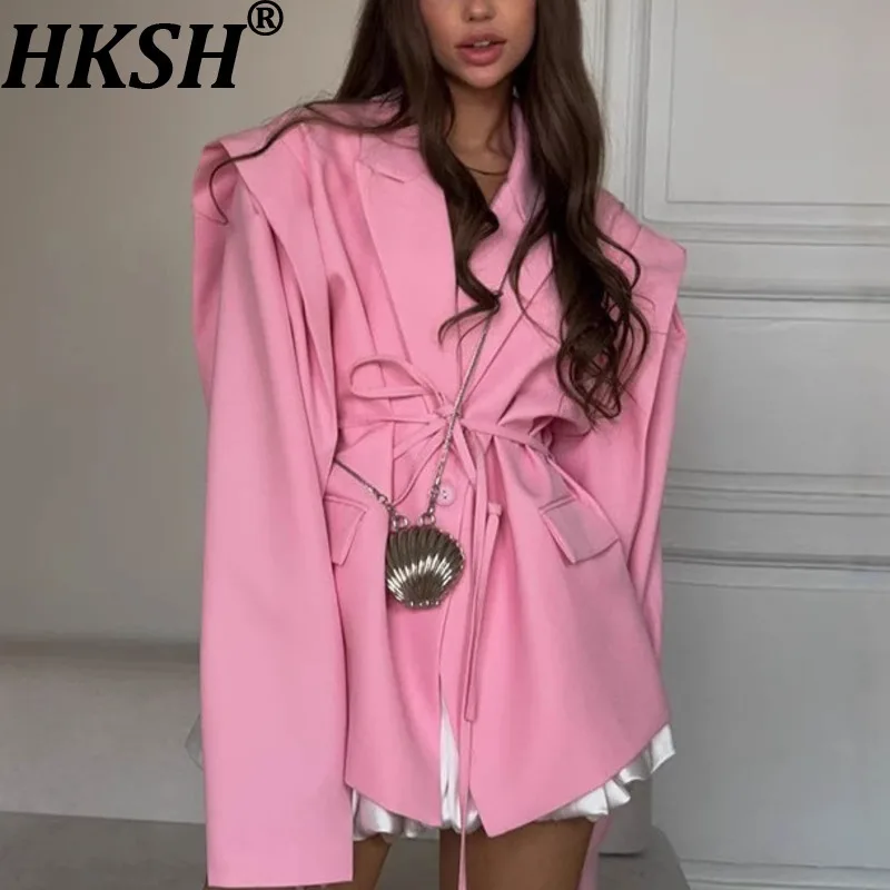 

HKSH Spring Autumn New Women's Blazer Turn-down Collar Single Button Shoulder Pad Elegant Fashion Office Lady Tide Coats HK14204