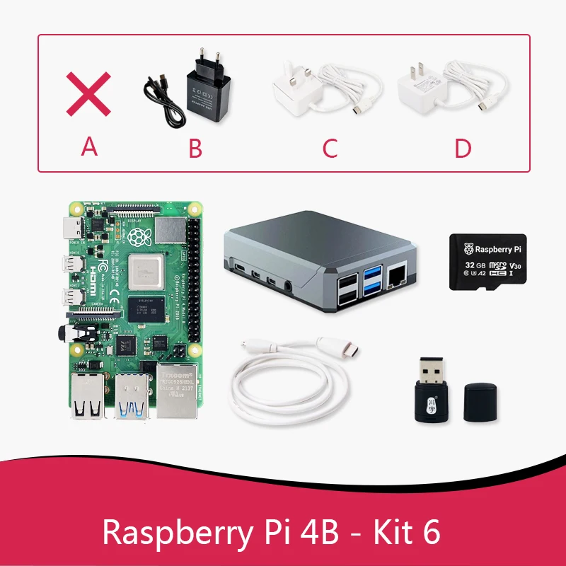 Raspberry Pi 4 Kit 5,6 (металлический чехол + вентилятор + SD-карта 32 ГБ + питание + кабель Micro), плата PI 4B ARM 1 ГБ, 2 ГБ, 4 ГБ, 8 Гб быстрее, чем 3B +