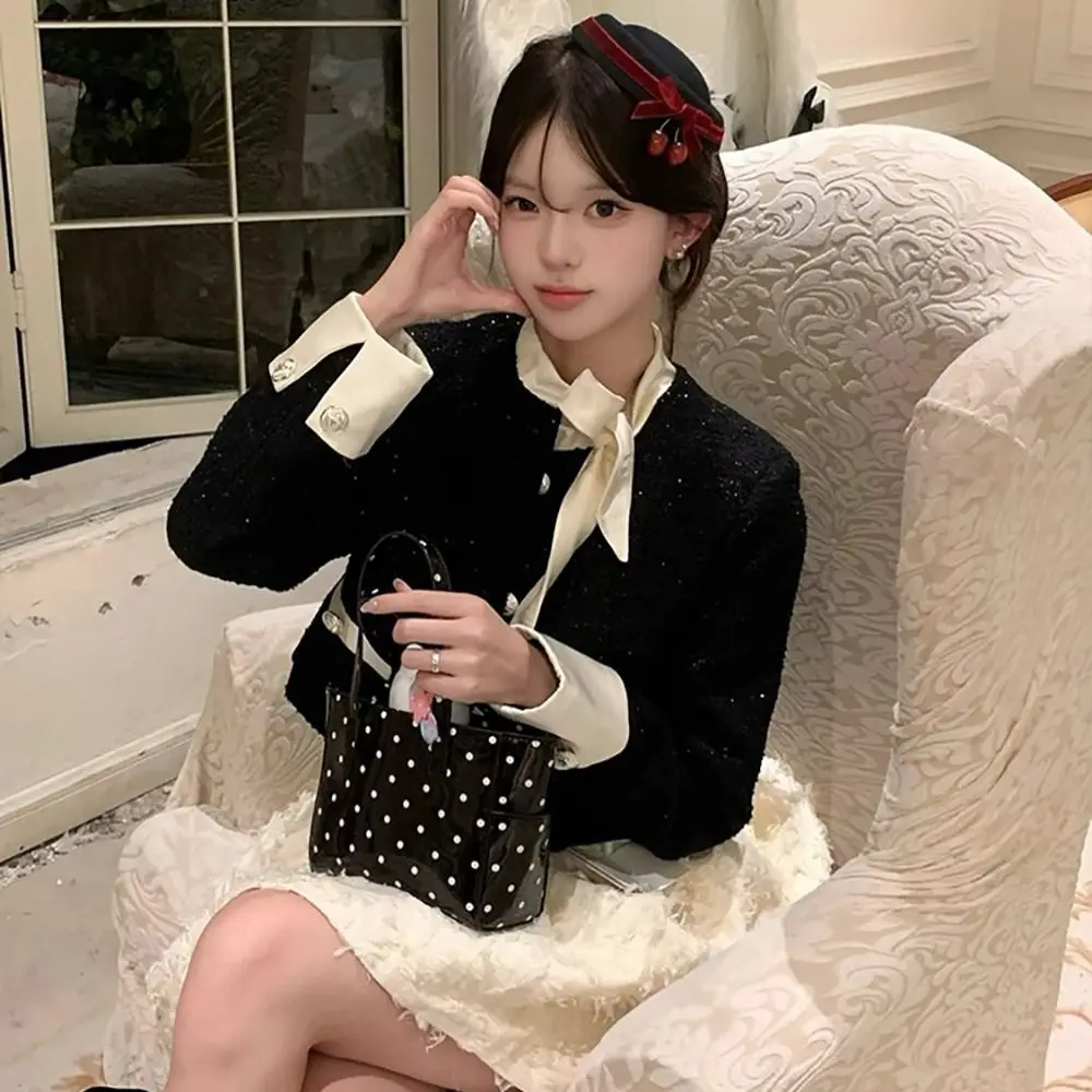 New Cloth Bow Tie Cherry Beanie Hat Black White Women Hairpin French Style Headwear Dress Up