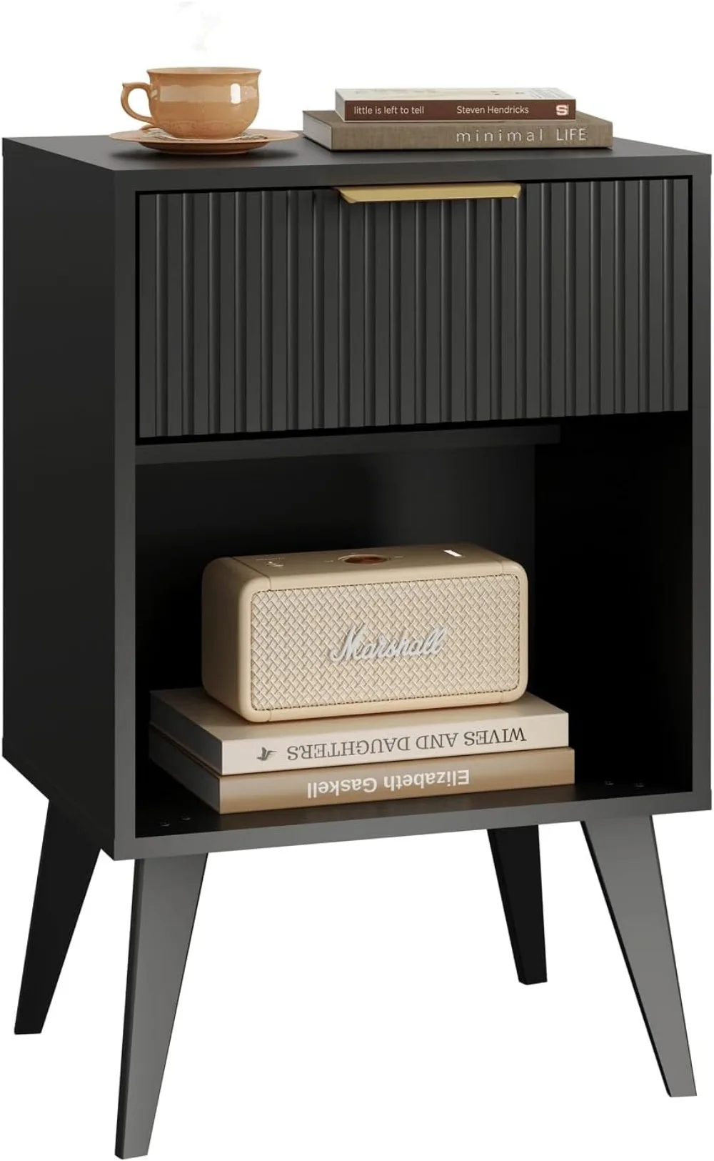 Mesita de noche estriada con cajón y estante abierto, mesita de noche moderna con patas de madera maciza para dormitorio y sala de estar