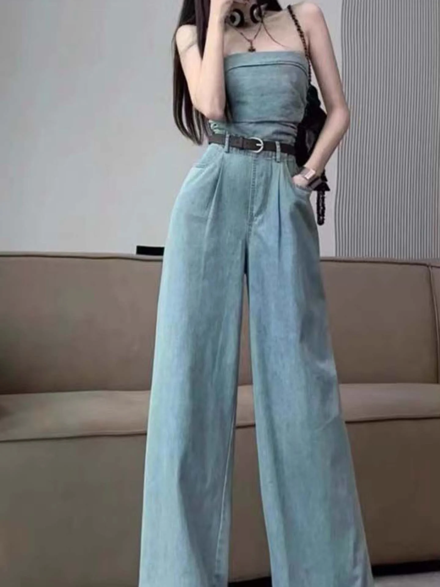 

Ele Faionable женский джинсовый комбинезон с высокой талией, широкие брюки для похудения, сексуальные свободные повседневные осенние джинсы Sister Sle