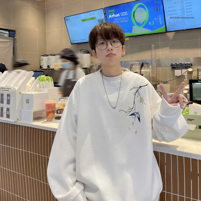 

Новая китайская белая толстовка с круглым вырезом для мужчин, весна-осень, свободный крой, большие размеры, для подростков, с длинным рукавом, повседневная модная одежда