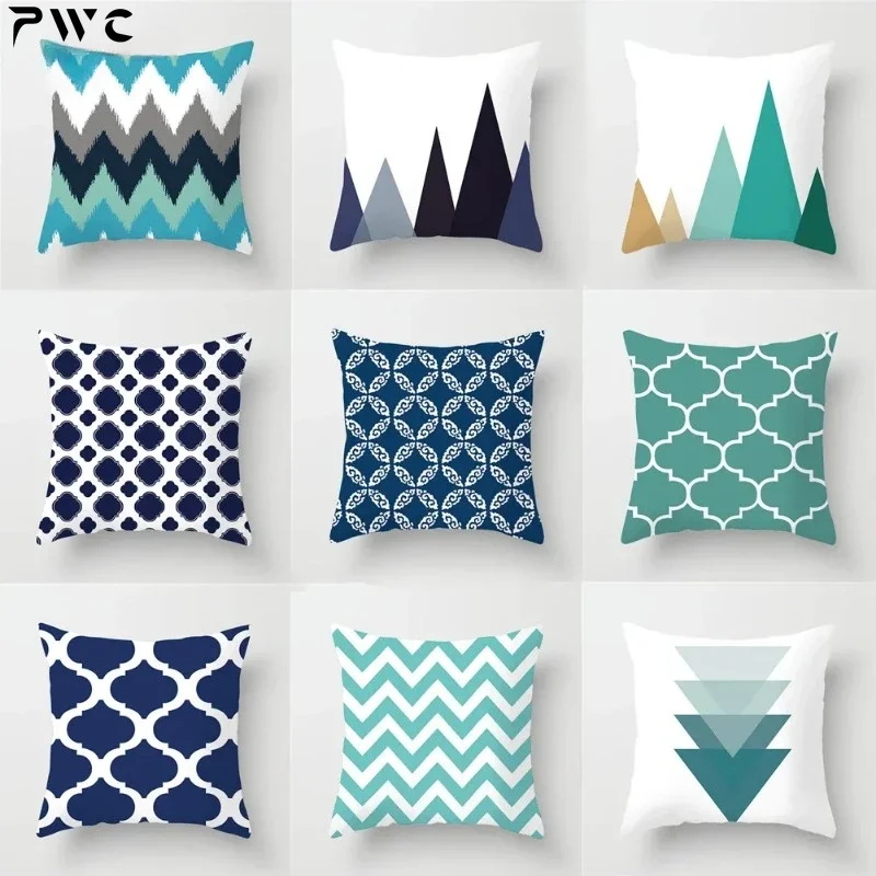 Simple Blue Geometry Cushion Cover Wavy Arrow Pillow Cover Polyester Peachskin Pillow Case For Home Sofa Decoration