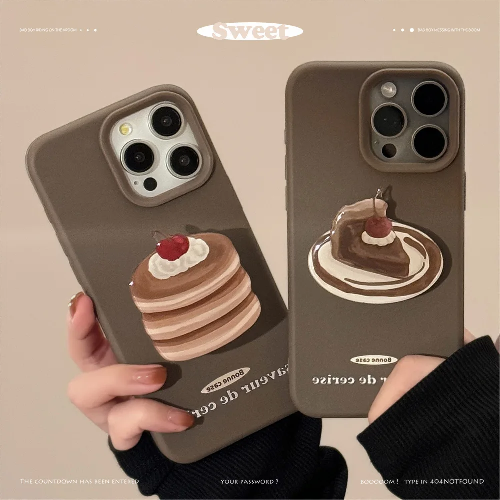 Funda de teléfono con soporte para postre, soufflé de pastel de cereza de dibujos animados coreanos para iPhone 17 16 15 14 13 12 Pro Max, funda protectora a prueba de golpes