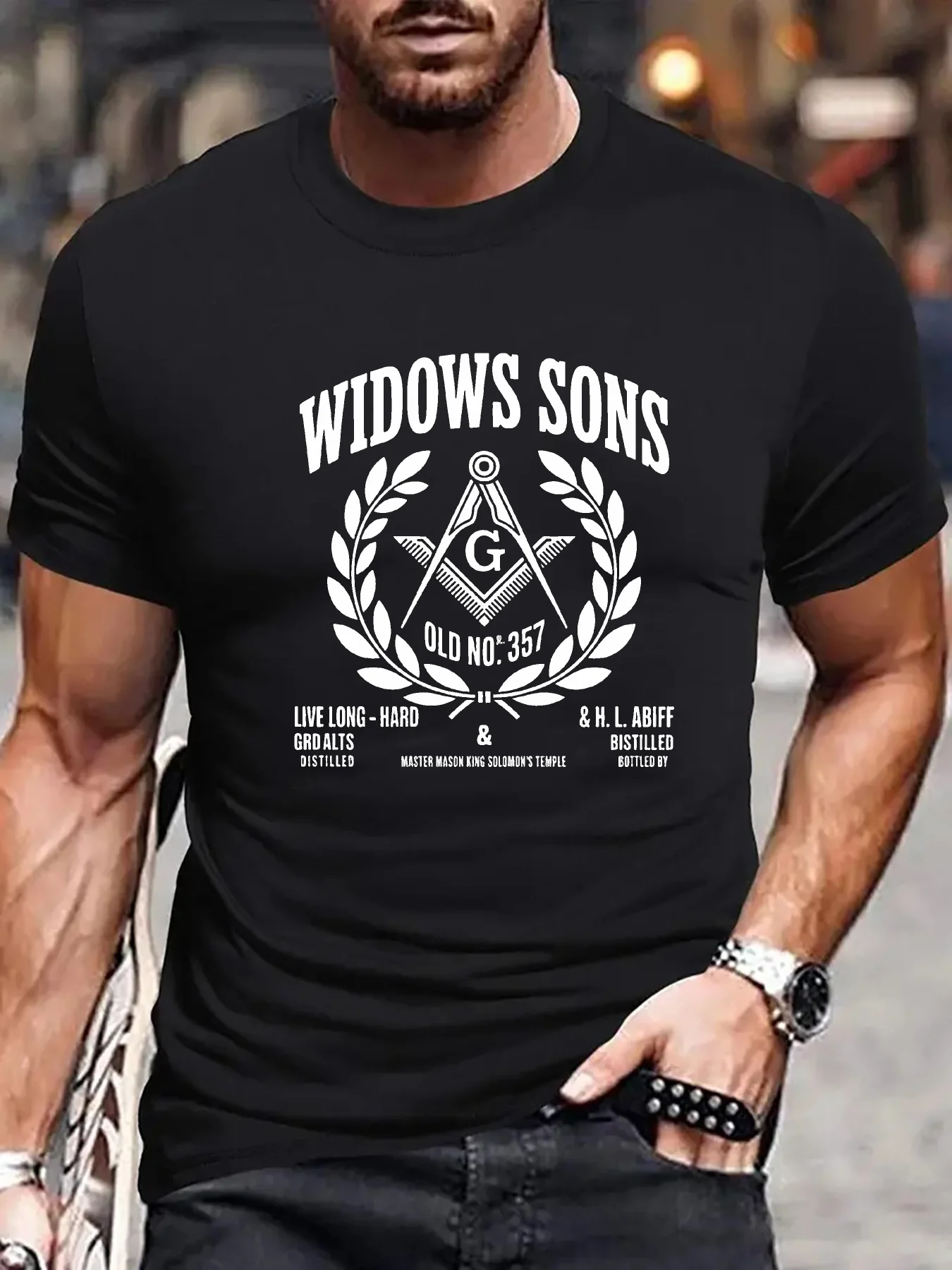 Men'S Black Masonic T-Shirt With Widows Sons Freemason Emblem And H.L. Abiff Symbol | Old No.357 Design, Masonic Oath And Rites