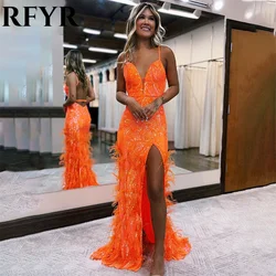 RFYR Orange Elegant Sequins Women Evening Dresses Spaghetti Strap Feathers Scoop Trumpet Prom Formal Gowns Dresses Customized