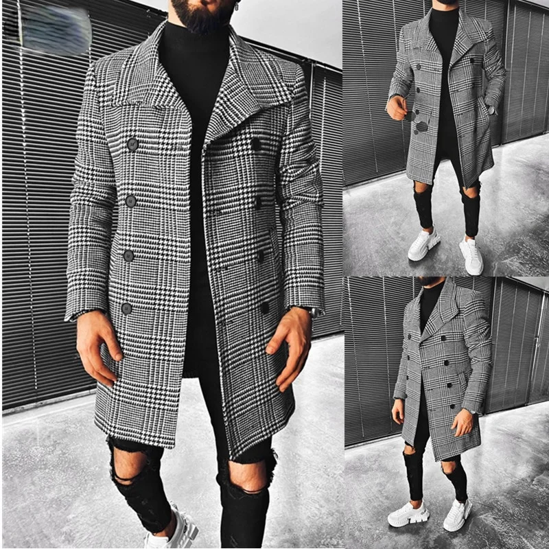 

Fashion Men Coat Autumn Winter New Fashion Plaid Double Breasted Lapel Coat Mid-long Coat Men Chic Wool Blends Winter Coat Men