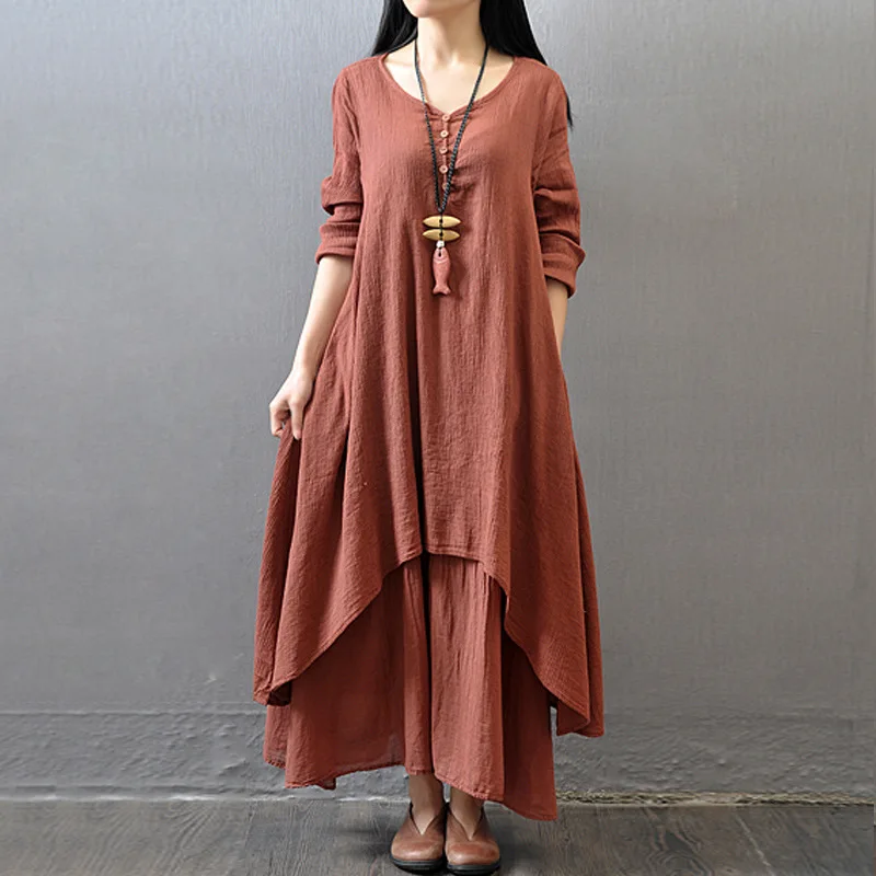 2023 new spring summer Irregular Button Women Cotton Linen Pocket Dress Korean O-Neck Short Sleeve Loose Solid Midi Dresses