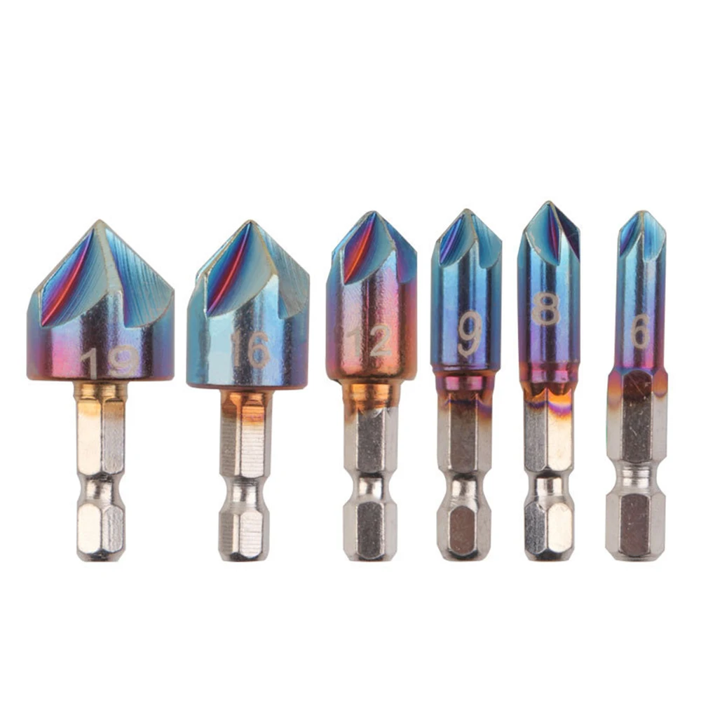 Broca de avellanado de chaflán de acero de alto carbono, vástago hexagonal, broca de avellanado, de cinco bordes, chapado en azul, 6-19mm, 6 piezas