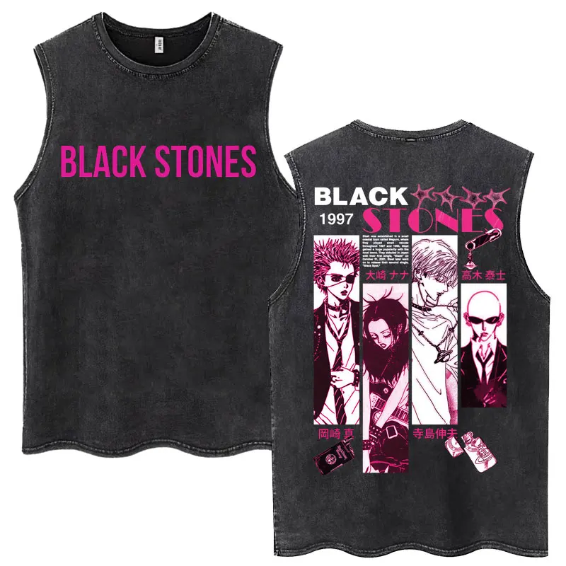 Anime Nana Osaki Black Stones Rock Band Washed Tank Tops Men Women Cotton Vintage Sleeveless T Shirt Oversized Cotton Vests Gift