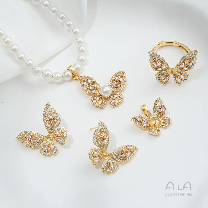 

Набор для рукоделия: кольцо-подвеска-бабочка, серьги-гвоздики, держатели для бусин с микроинкрустацией цирконами из 14-каратного золота, аксессуары для самостоятельного изготовления жемчужных украшений