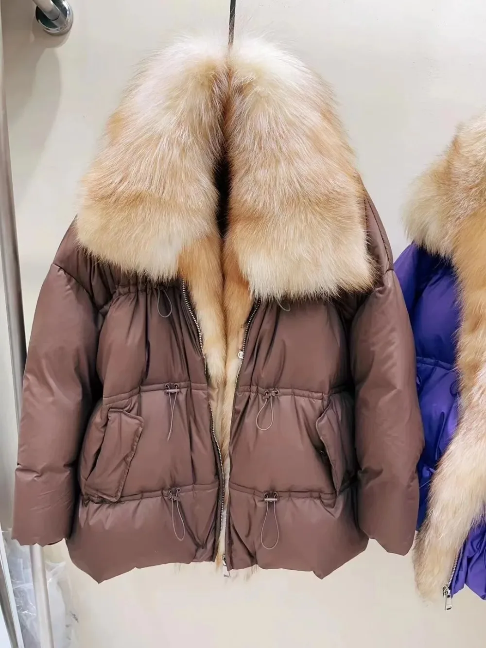 New Fashion Luxury Outerwear Streetwear Real Fox Fur Big Collar Winter Jacket Women Natural Thick Warm Duck Down Coat Loose