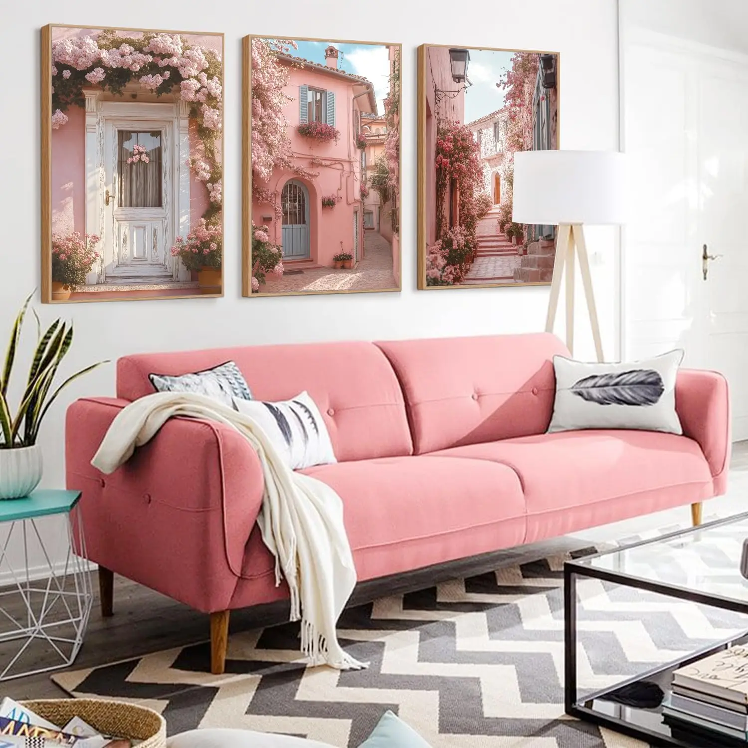 3pcs Retro Italian Urban Landscape Canvas Wall Art Pink Flower Street Romantic House Wall Decoration