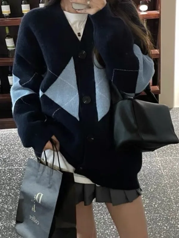 أوائل الخريف منقوشة متماسكة سترة معطف المرأة فضفاض الخامسne سترة طالب ملابس خارجية الرجعية كلية Sle طويلة Sve منتظم صالح #5