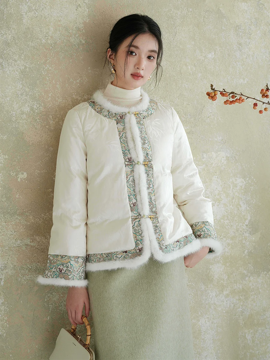 

Warm Du down Jaet Women's Soft Plump Chinese Sle Winter Coat Tassel round Collar ort Outerwear National Trend