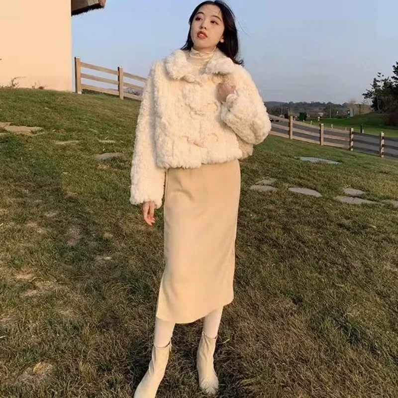 Women Spring Autumn Faux Fur Jackets Turn Collar Horn Button Coats Fashion Solid Colors Slim All Match Furry Jackets Cute Coats