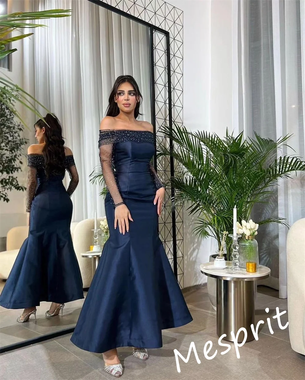 Elegante Off-the-shoulder Mermaid lunghezza del pavimento abiti Quinceanera perline Tulle raso abito per occasioni formali muslimagnadi raffi