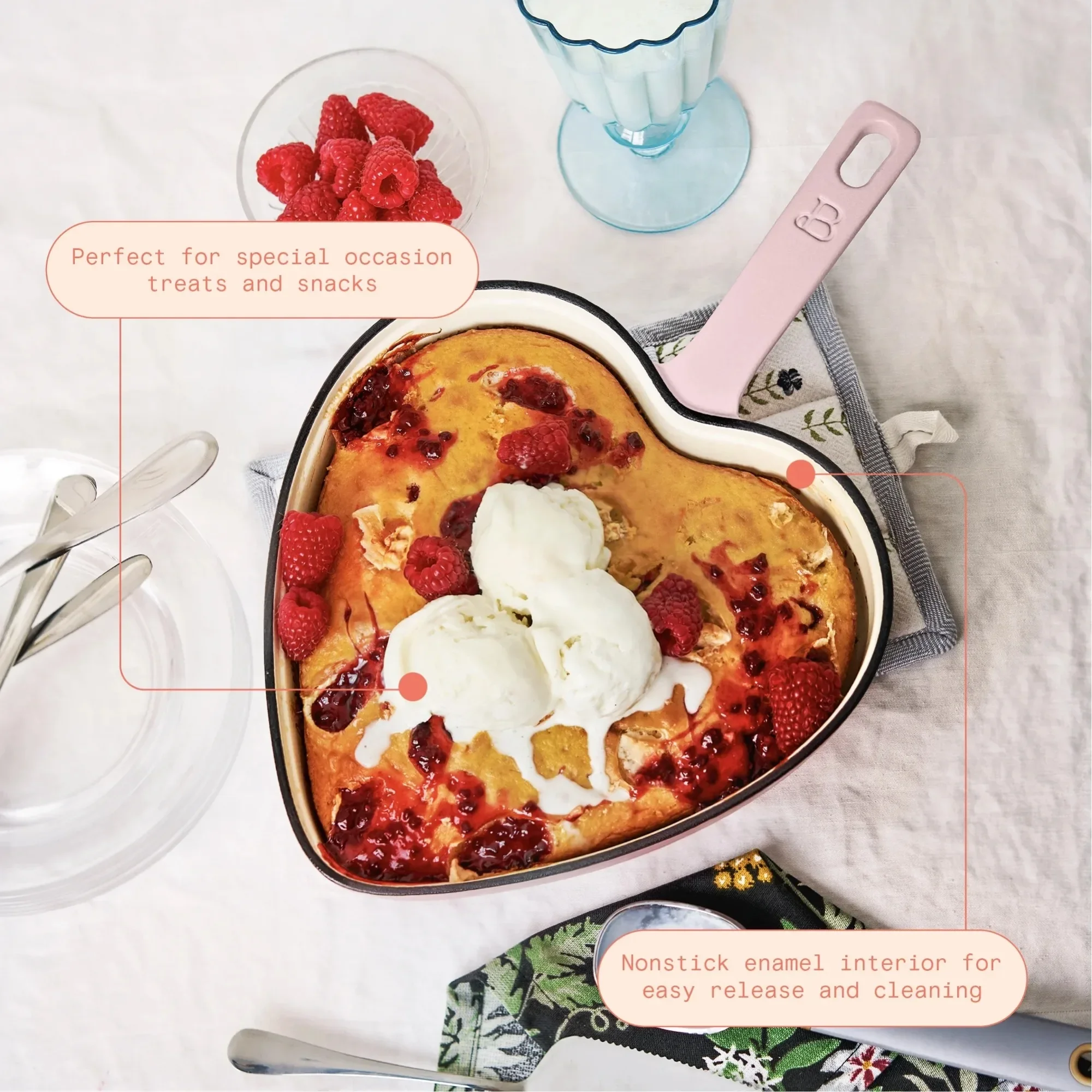 

10” Enameled Cast Iron Heart Skillet, Pink Champagne ,Durable Construction