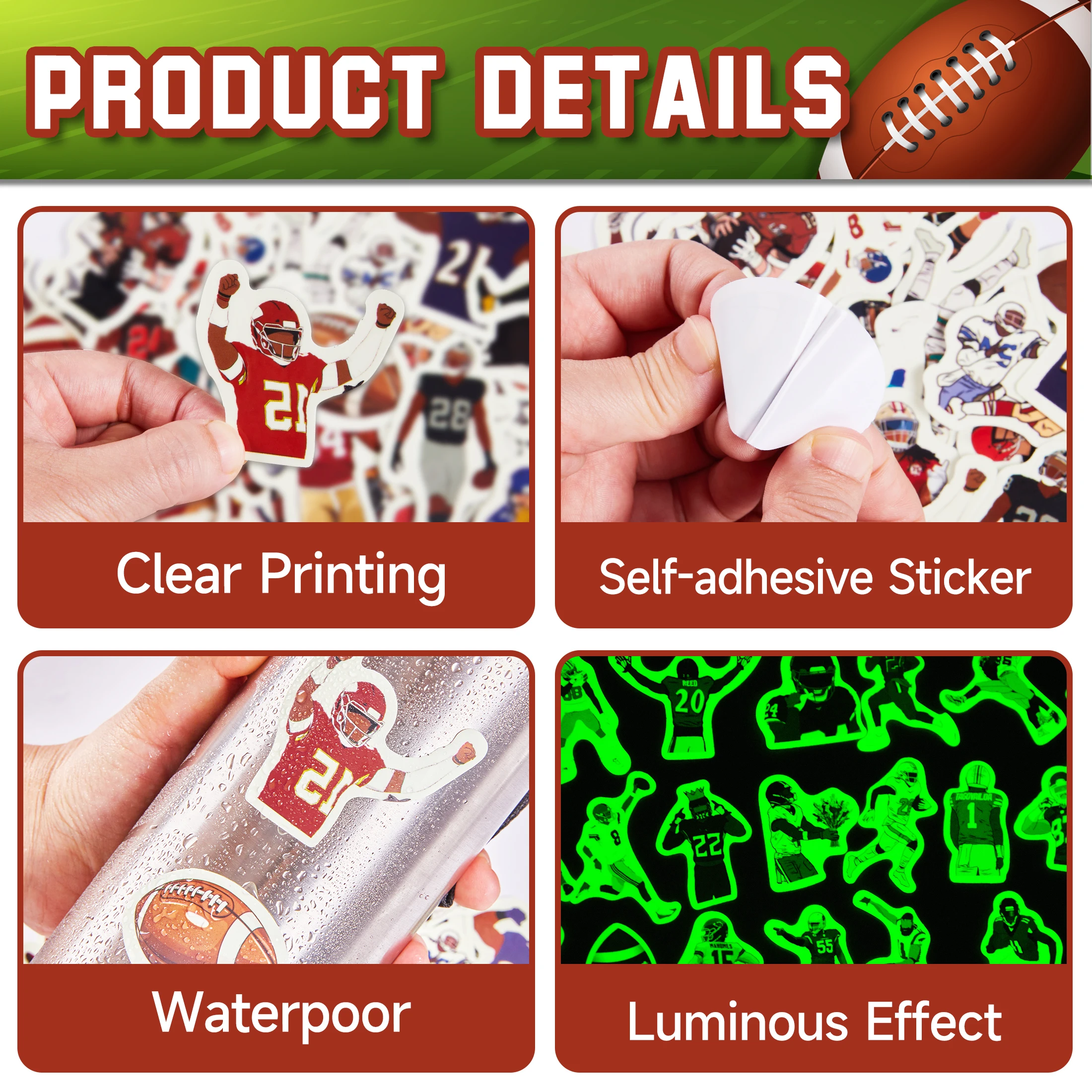 Glow in The Dark Sport Style Stickers 52pcs Rugby Match Luminous Self-adhesive Waterproof DIY Decoration Stickers Supplies