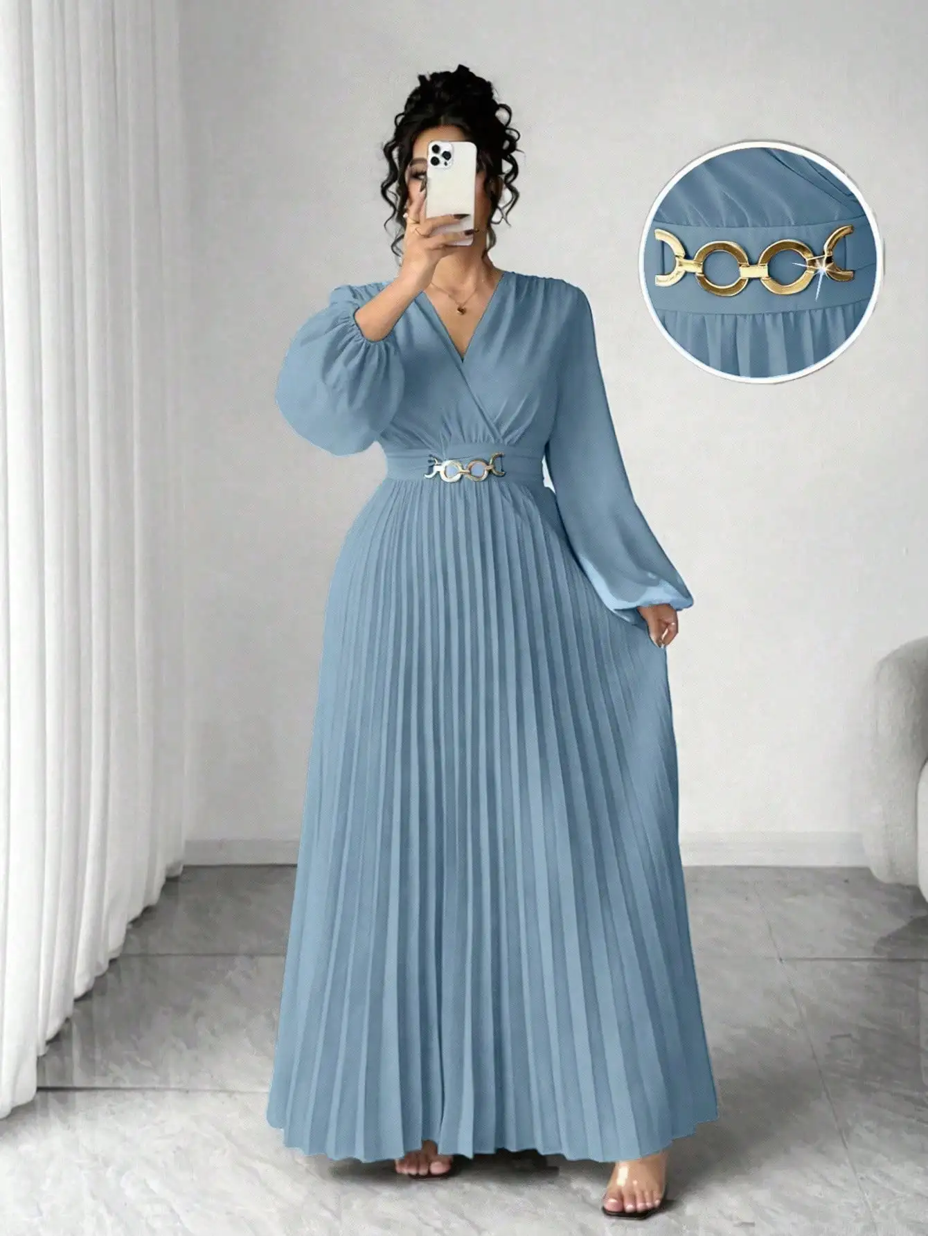 

Dusty Blue Pleated Maxi Dress V-Neck Long Sleeve Elegant Floor-Length With Metal Buckle Belt