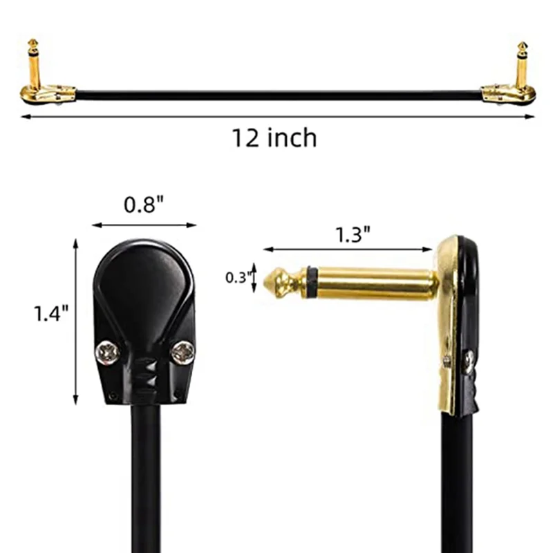 4 Pack 12 Inch Guitar Patch Cables, Right Angle Golden Pancake Connector for Effects Pedal Board