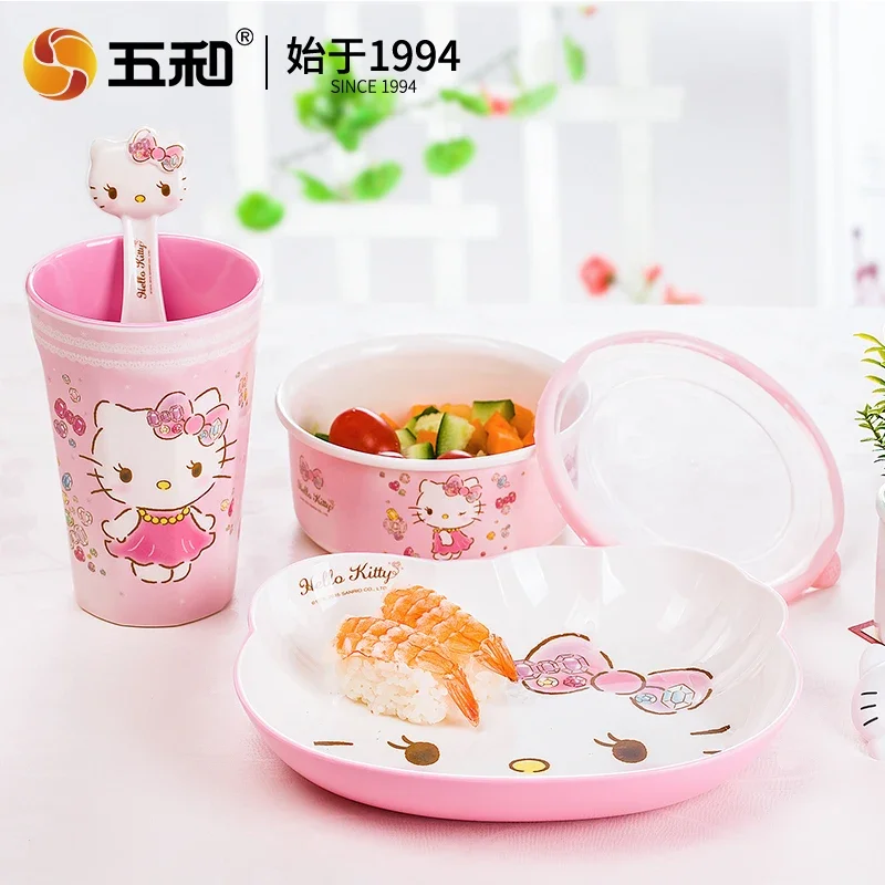 Hello Kitty Pink Children Tableware Cute Cartoon Divided Plate BPA Free Kids Water Cup Anti-Fall Rice Bowl Spoons Baby Food Gift view 2