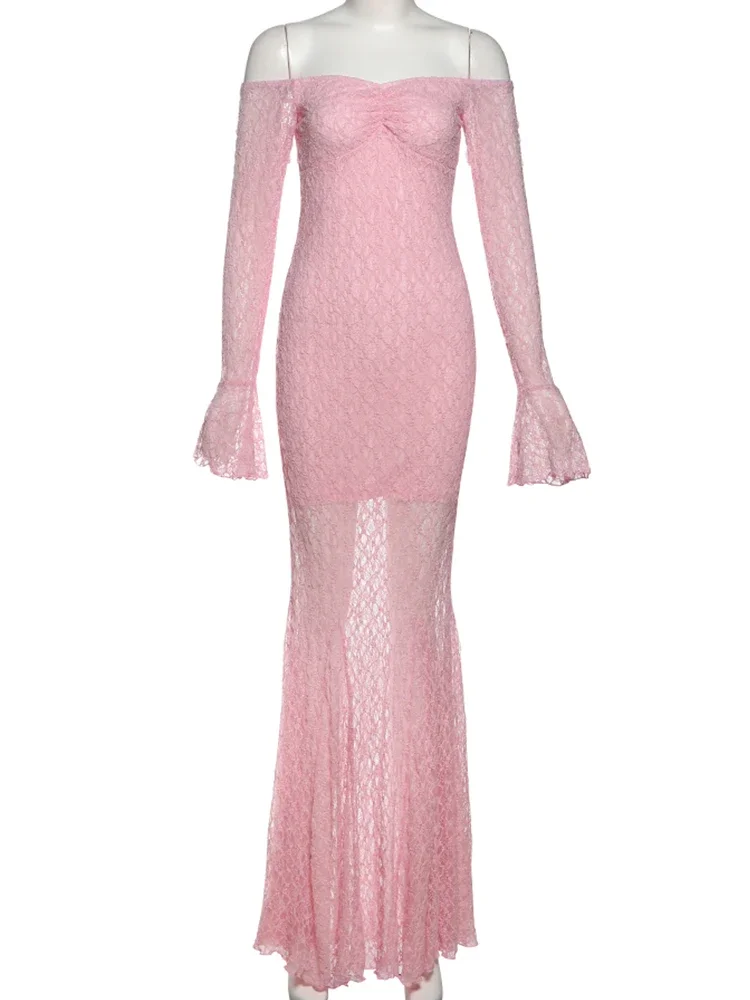 Sisterlinda ปลอมชีฟอง Maxi ชุดโรแมนติกภาษาฝรั่งเศสคําปิดไหล่ Ruffle แขนยาว SHEER Bodycon หญิง Elegant หวาน Vestidos