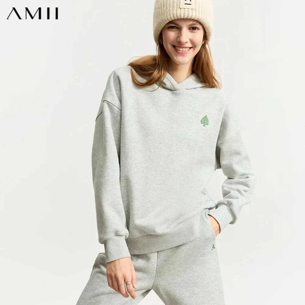 AMII Minimalist Hoodies for Women 2026 Autumn Warm Embroidery Loose Sweatshirt Casual Trousers Female Pant Separately 12324035