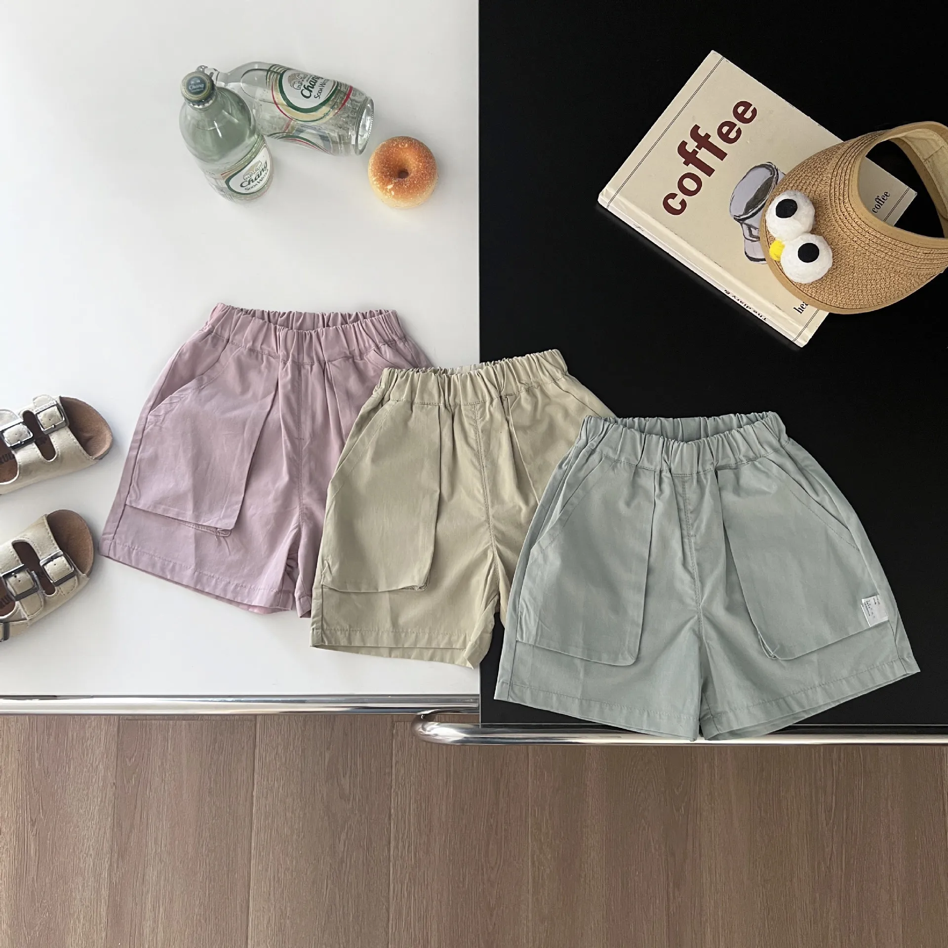 Summer Baby Clothes Children Solid Big Pockets Beach Shorts Loose Boy Girl Casual Short Pants Fashion Baby Cotton Mid Trousers