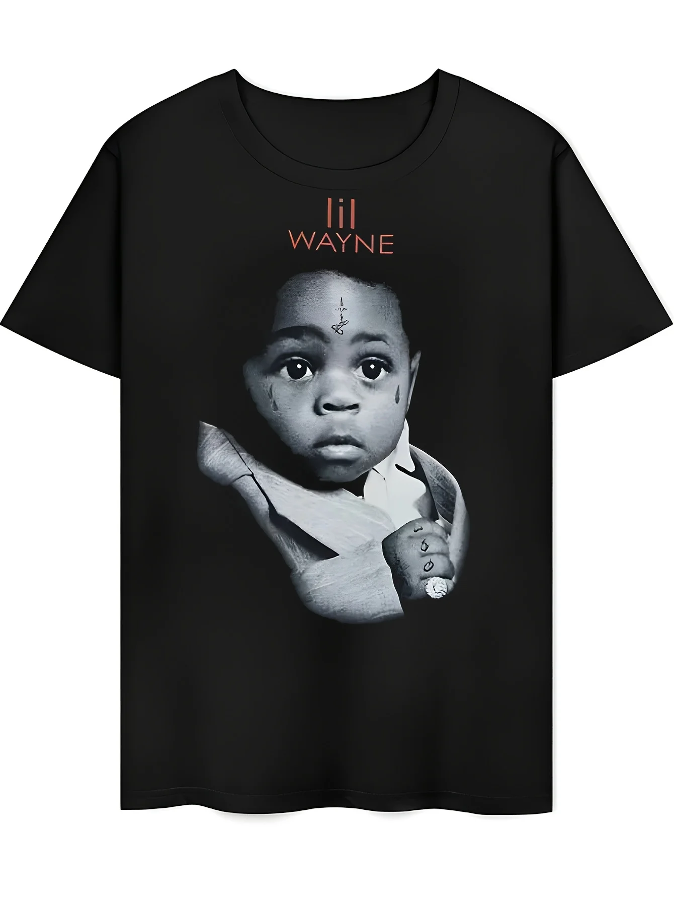 

Unisex Casual Athletic Black T - Shirt with Lil Wayne Portrait Graphic and Text