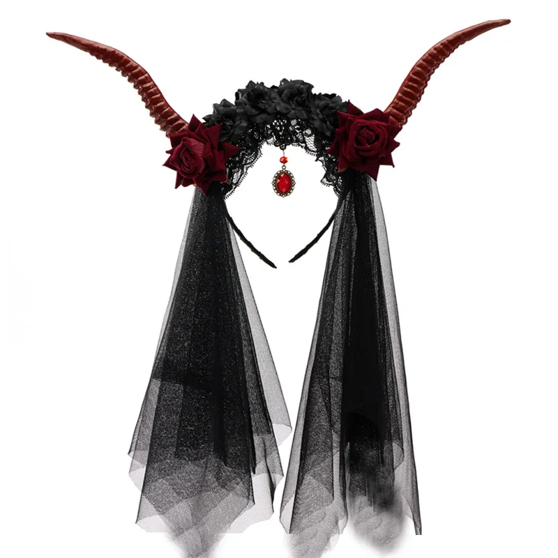 AniLV Adult Child Halloween Demon Queen Headband Carnival Party Women Antelope Horn Rose Gothic Veil Headwear Cosplay