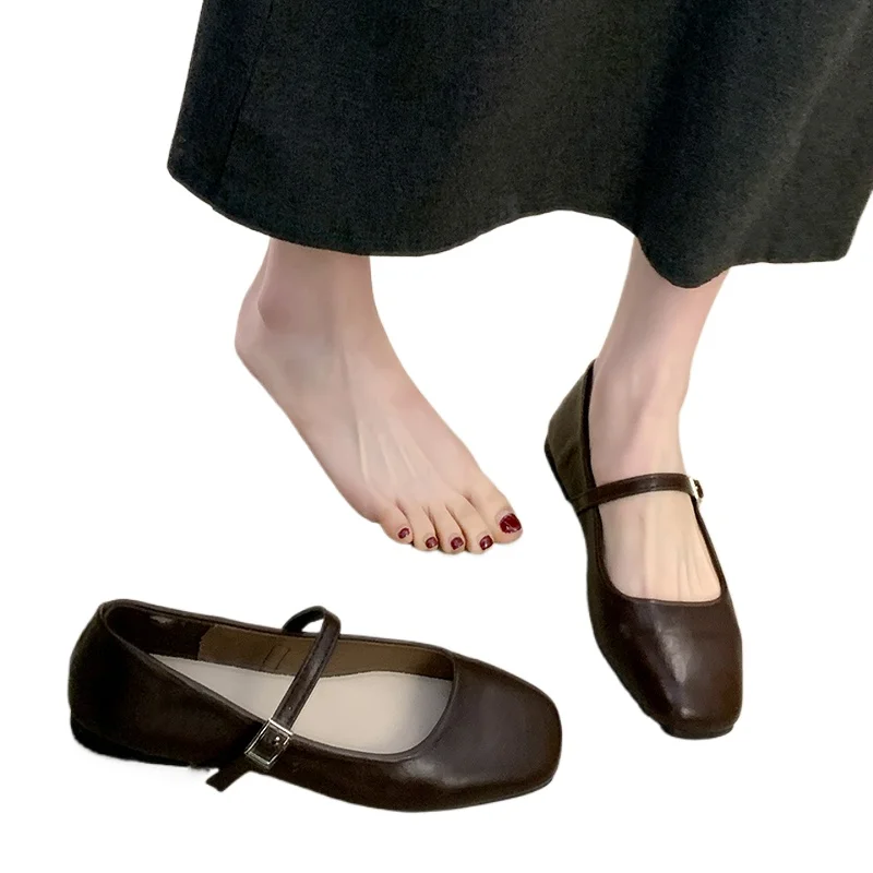 

Street Style Soft Leather Ladies Eelgant Dress Mary Jane Shoes 2026 New Spring Women Ballet Flats Comfortable Square Toe Shoes