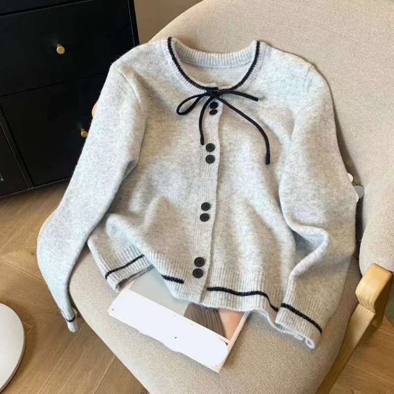 

Korean Lace-up O-neck Sweater Cardigan Woman College Style Long Sleeve Single-breasted Knitted Sweet Bow Knitwear Tops